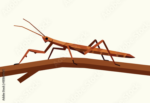 Geometric, stylized brown stick insect on a branch, simple shapes and textures. Background is a light beige