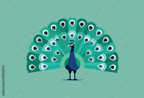 A stylized peacock with fanned tail in teal hues stands centered on a teal background. The form is simplified