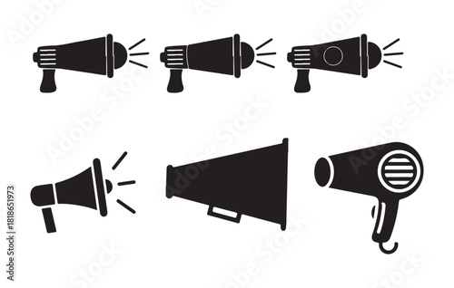 Collection of megaphone icons and a hairdryer icon, communication and beauty symbols