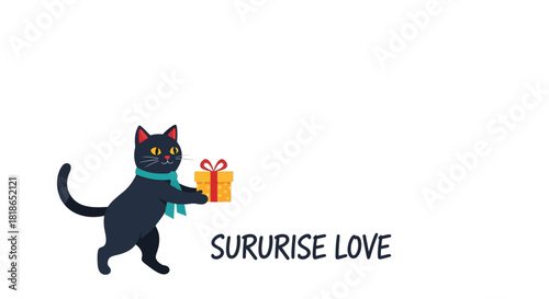 Cute black cat wearing a scarf holding a surprise gift box with a red ribbon on white background