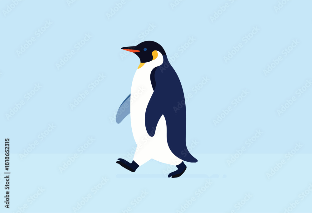 Fototapeta premium A simple, vector illustration of a penguin walking rightward, on a light blue background