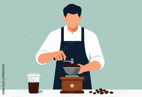 Illustration of a barista grinding coffee beans, with a takeaway cup of coffee on the left
