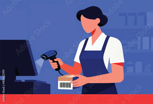 A person in a blue apron scans a barcode on a box with a scanner at a cash register