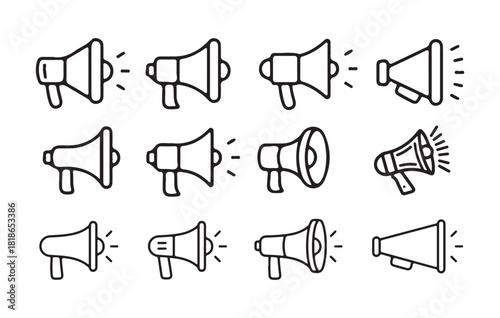 Set of outline megaphone vector icons isolated on white background digital marketing concept