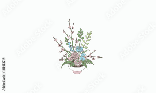 Delicate floral arrangement in a white pot, featuring pink flowers, green leaves, and pussy willow branches, hand-drawn style.