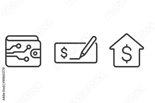 Financial icons representing digital wallet, check signing, and real estate investment concepts