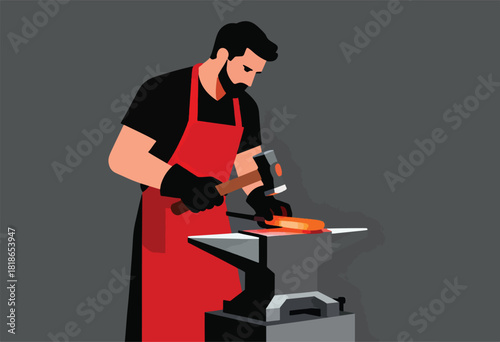 A blacksmith, in red apron and gloves, works with a hammer and glowing metal on an anvil