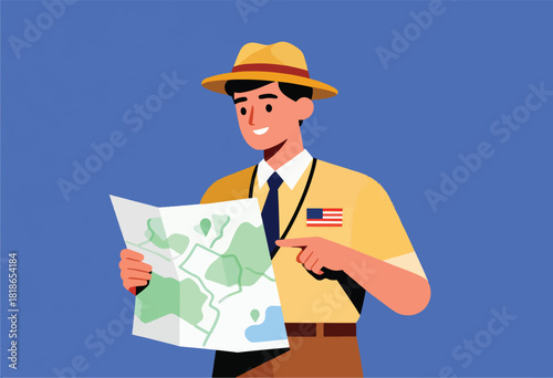 A cheerful person in a hat and uniform points at a map, likely assisting with directions against a blue background