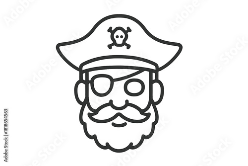 Bearded pirate captain wearing an eyepatch and tricorn hat with a skull symbol