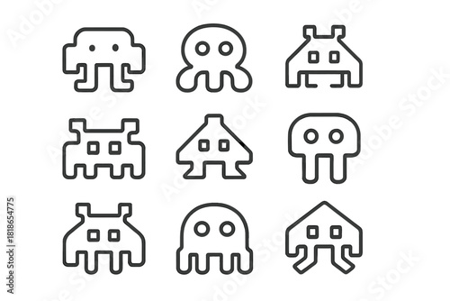 Nine pixelated alien and monster enemies from vintage retro arcade video games