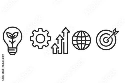 Business concept icons featuring innovation, process, growth, global reach, and target achievement