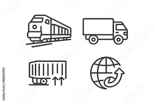 Outline symbols for logistics and transportation including train, delivery truck, cargo, and global shipping