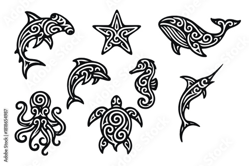 Stylized marine animals set featuring tribal swirl patterns: whale, dolphin, shark, octopus, and turtle