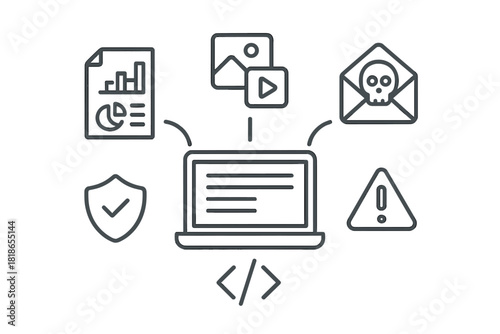 Digital security and data protection around a laptop with cyber threats and protective measures