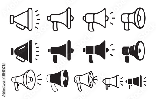 Collection of black and white megaphone vector icons with sound waves isolated on white