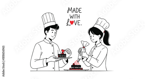 Two chefs decorating delicious cakes with raspberries and heart shapes with a message that says made with love