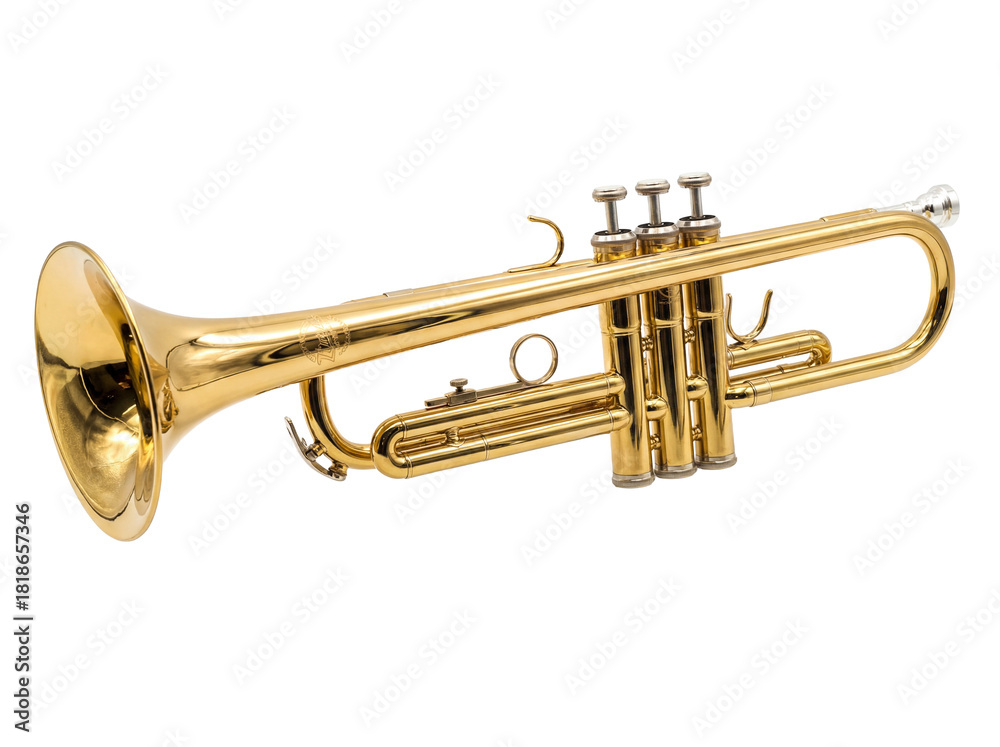 Fotografie Golden trumpet isolated PNG on transparent background, brass wind instrument for