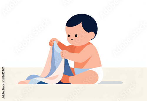 A cheerful cartoon baby, with dark hair, sits and plays with a colorful blanket. White background