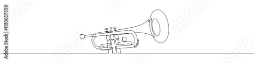 A continuous one-line drawing of a trumpet, capturing its classic musical instrument form against a white background