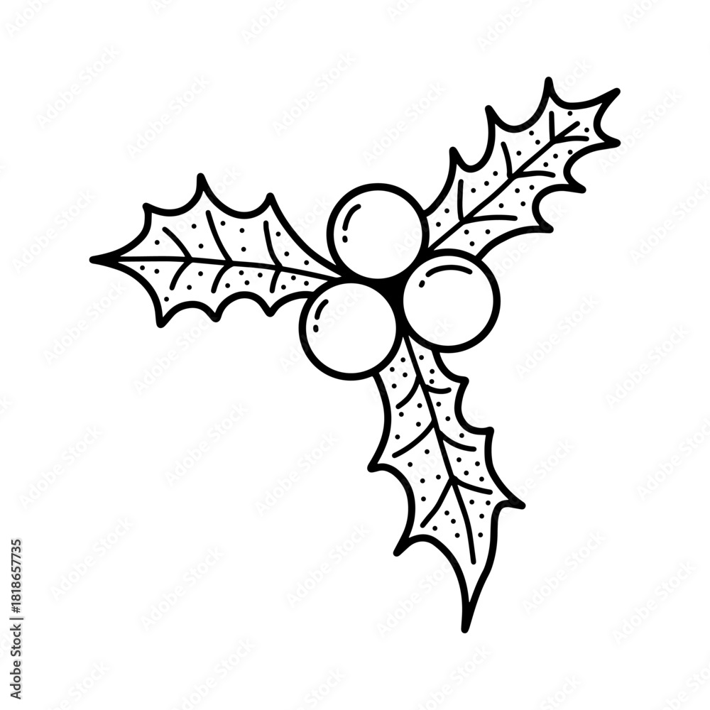 Fototapeta premium Hand drawn Holly leaves and berries icon. Christmas Doodle, Holly berry clipart in black and white outline