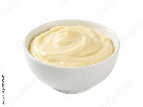 Creamy mayonnaise in a bowl isolated PNG, condiment for sandwiches and salads on transparent background