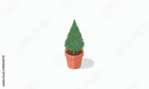 Stylized isometric pixel art green conical plant in a terracotta pot, small evergreen.
