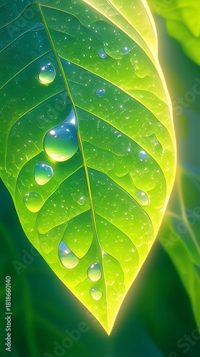 Green leaf with water droplets, vibrant foliage highlighting nature's beauty, perfect for eco-friendly themes or organic products.