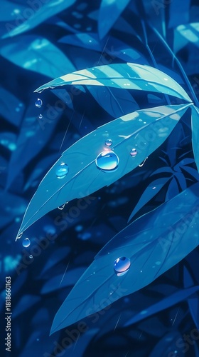 Vibrant tropical leaves, lush green foliage with water droplets, ideal for nature themes, offering a refreshing backdrop.