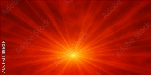 Bright red sun burst explosion design illustration with glowing orange and yellow energy rays on an abstract color texture backdrop