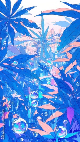 Vibrant tropical foliage, lush green plants with blue hues, creates a calming and serene atmosphere, ideal for relaxation.