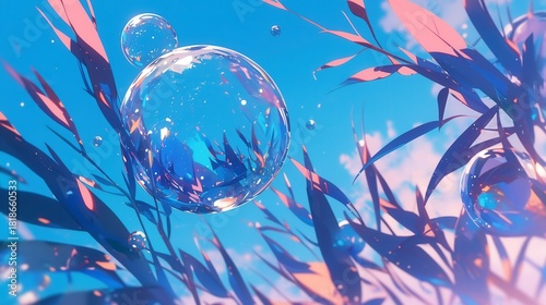 Colorful underwater scene, vibrant coral and seaweed with bubbles, serene aquatic theme with ample space for text.