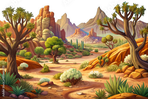 Sparse desert forest with juniper and mesquite trees growing among rocky hills under isolated sky, Big Bend Desert Forest Mix