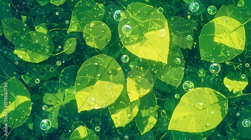 Lush green leaves with raindrops, vibrant foliage glistening after rain, perfect for nature-themed designs and backgrounds.