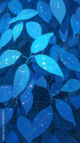 Vibrant blue leaves pattern, closely layered vivid foliage in varying shades of blue, ideal for abstract backgrounds or nature themes.