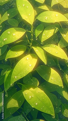 Lush green leaves with sunlight filtering through, vibrant foliage capturing nature's beauty, perfect for eco-themed designs.