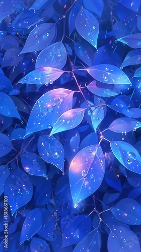 Vibrant blue foliage, close-up of lush leaves in varying shades of blue, perfect for nature themes or calming backgrounds.