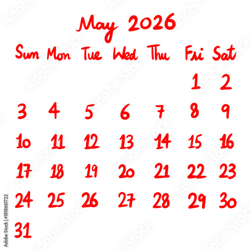May 2026 calendar planner in red handwritten style showing dates and days of the week for scheduling and planning events and appointments perfectly