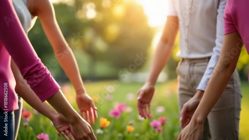 Group of diverse hands coming together in a stack. People showing unity, support, and teamwork in a sunny flower garden. Cooperation and community concept visualization