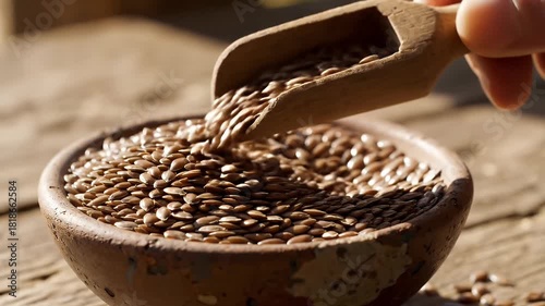 Scooping Flax Seeds From Bowl On Wooden Table Macro Shot