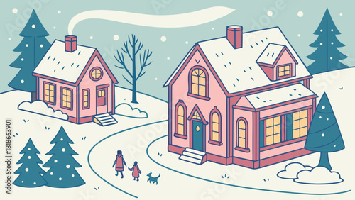 Cozy winter scene with houses, trees, and a family walking in snow