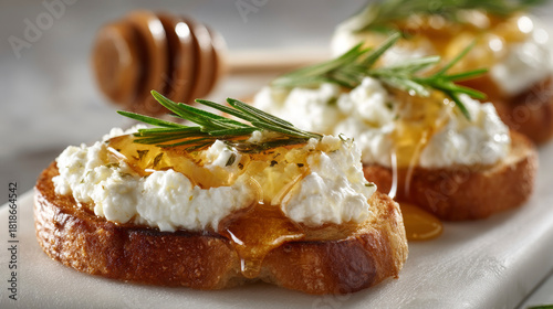 Honey drizzled over ricotta cheese on toast, gourmet snack. Generative AI image