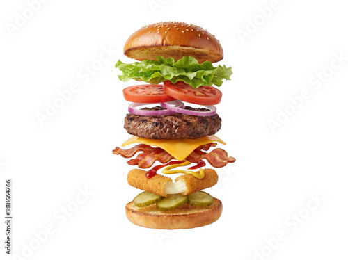 Exploded burger with mozzarella stick isolated PNG, deconstructed cheeseburger with beef patty and bacon on transparent background