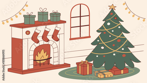 Festive christmas scene with fireplace, tree and gifts indoors