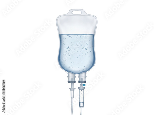IV drip bag PNG isolated on transparent background, intravenous saline solution for medical treatment and healthcare