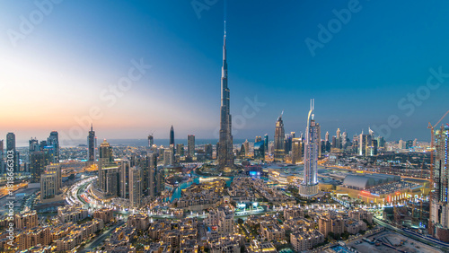 Dubai Downtown day to night timelapse view from the top in Dubai, United Arab Emirates