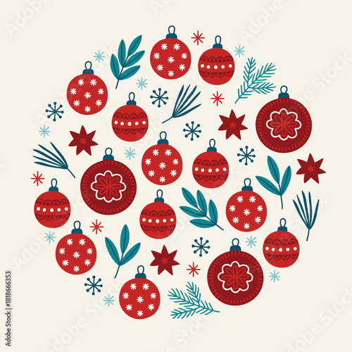 Christmas greeting card with balls, stars, fir branches, leaves, snowflakes on white background. Circle ornament. Perfect for winter holidays and decorations. Vector hand drawn illustration