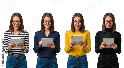 Four women using tablet computer isolated on transparent background