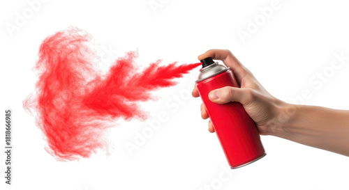 Hand spraying red paint from aerosol can isolated on transparent background