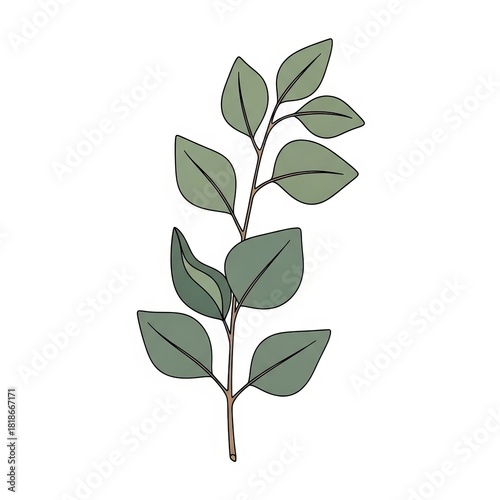 Eucalyptus branch illustration with green leaves on white background