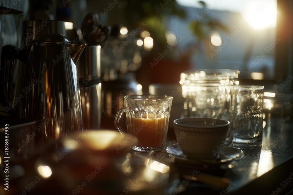 Fototapeta premium Blurred kitchen breakfast scene with warm silhouettes